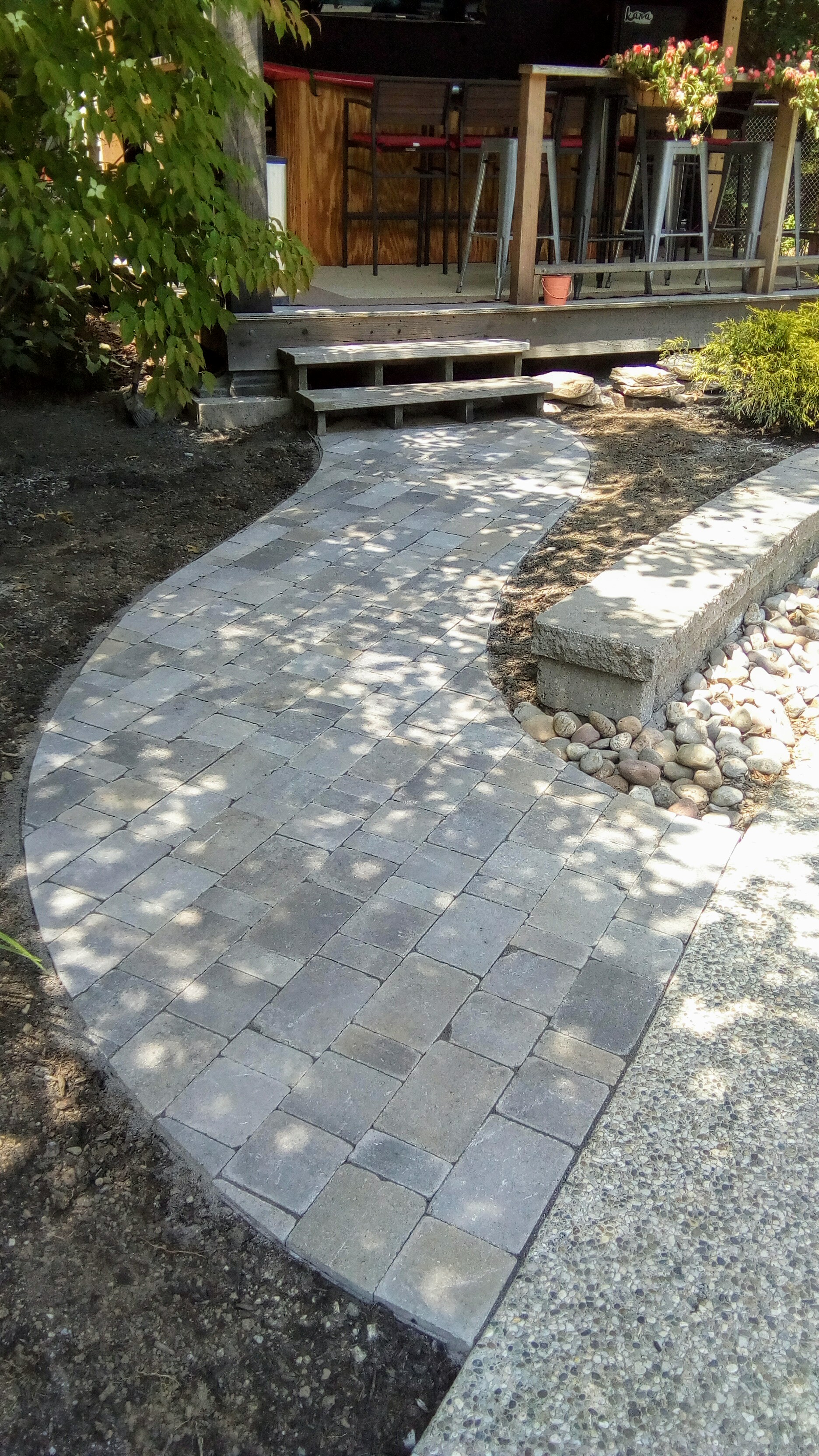 Curving Belgard London Cobble paver walkway at a pool cabana in Foxboro, MA — Mass Patio & Masonry